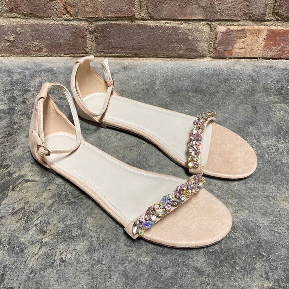 David's Bridal Halston Faux-Suede Gem Strap Flat Sandals Size 10 NEW - Picture 2 of 8